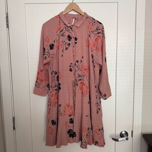 Free People Mini Dress Sz M Pink Floral Button Up Long Sleeve Boho Fest Feminine